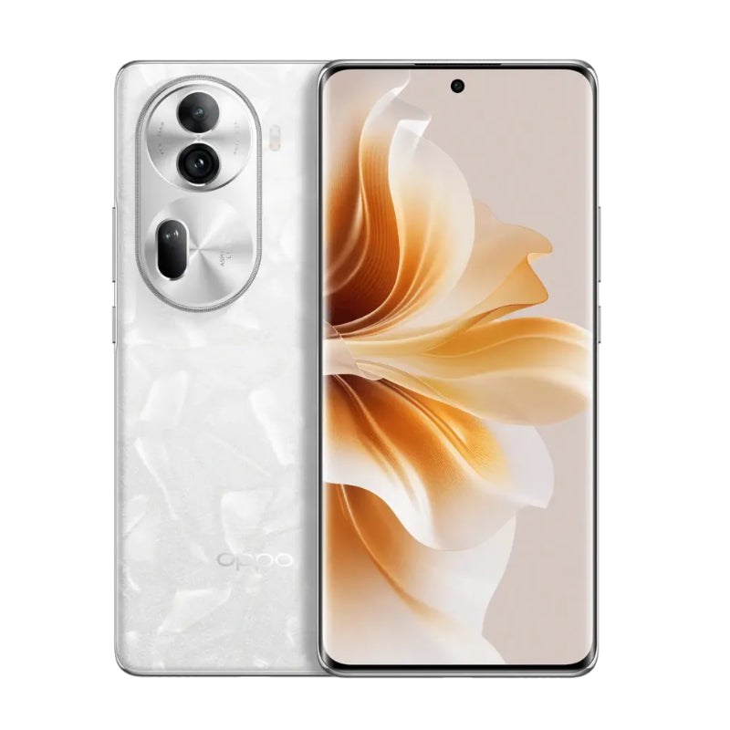 Oppo Reno 11 smartphone in white color showing the front display and rear camera setup.